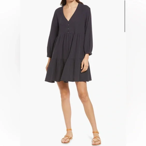 madewell lightspun mini dress Lightspun Cuff-Sleeve Button-Front Tiered Mini Dress